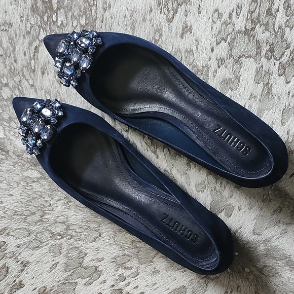 SCHUTZ Shoes - Schutz Navy Blue 100% Leather & Jewel Embellishment Flats Sz38
